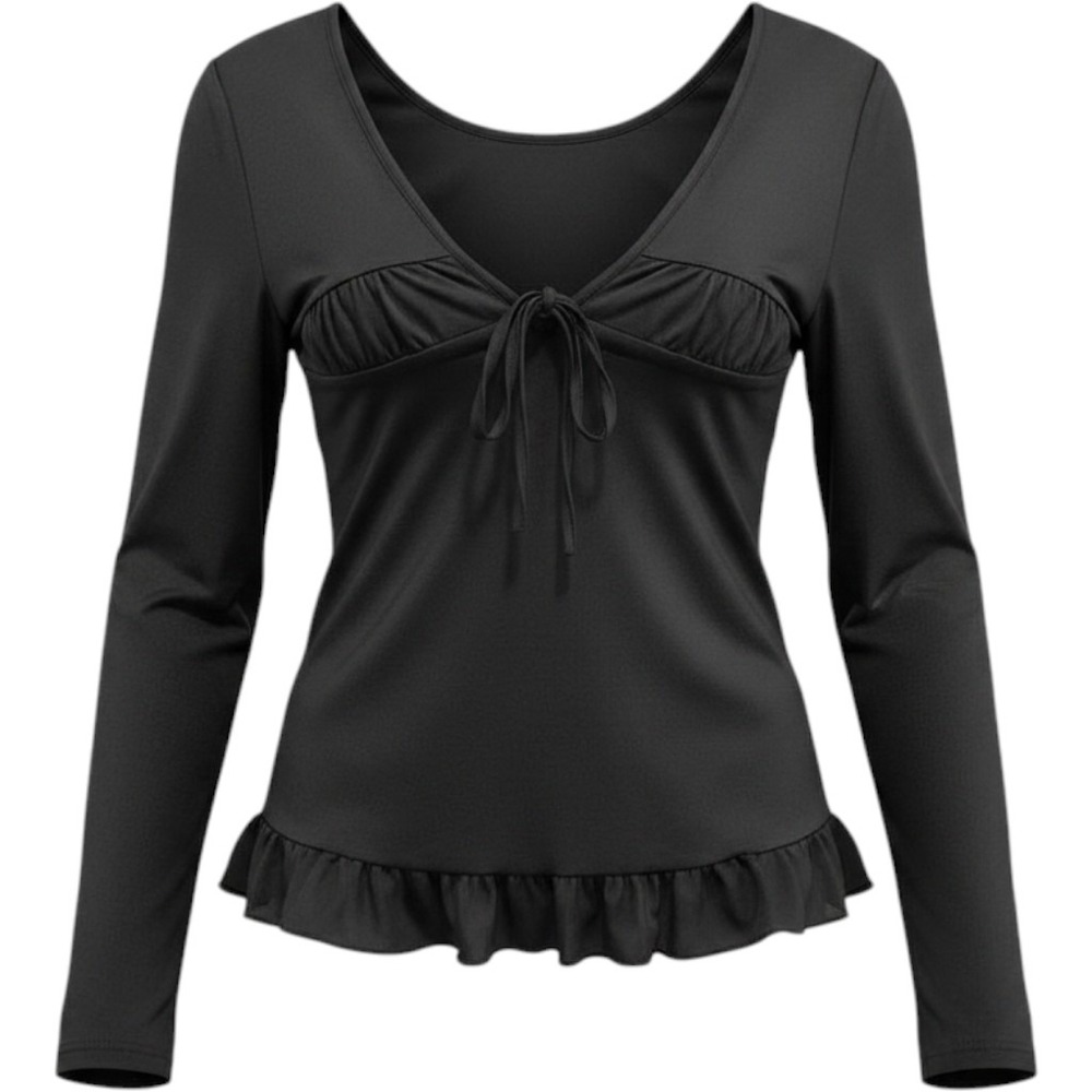 PLUS XXL Black Long Sleeve Tie Front Ruffle Trim fit & flare sheer ruffle blouse
